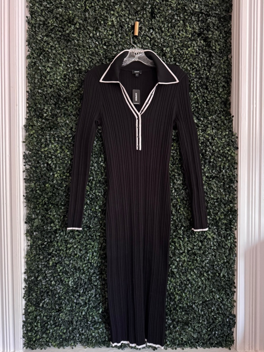 Express Black Ribbed Polo Body-con Dress with White Contrast Trim